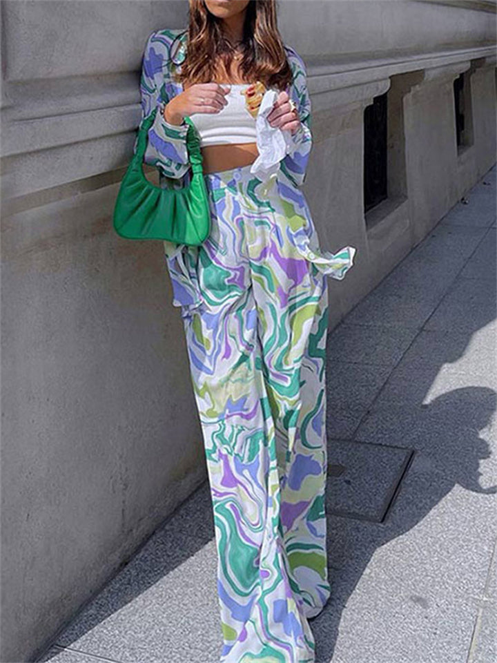 Stylish Female Printing Button Shirt Pants Two Pieces Outfits