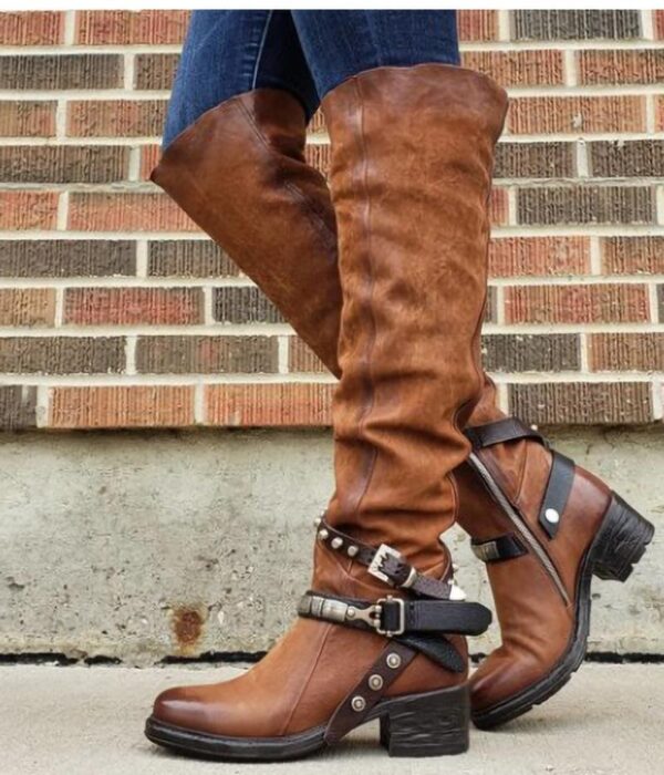 Women's Motorcycle Boots Knee High Buckle Boots Retro Tall Boots - Image 2