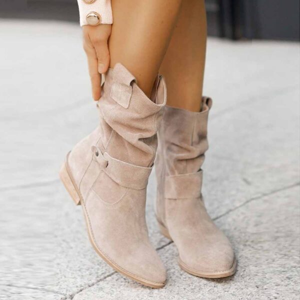 Women's Fashion Flat Heel Calf Boots Side Zipper Ankle Booties - Image 8