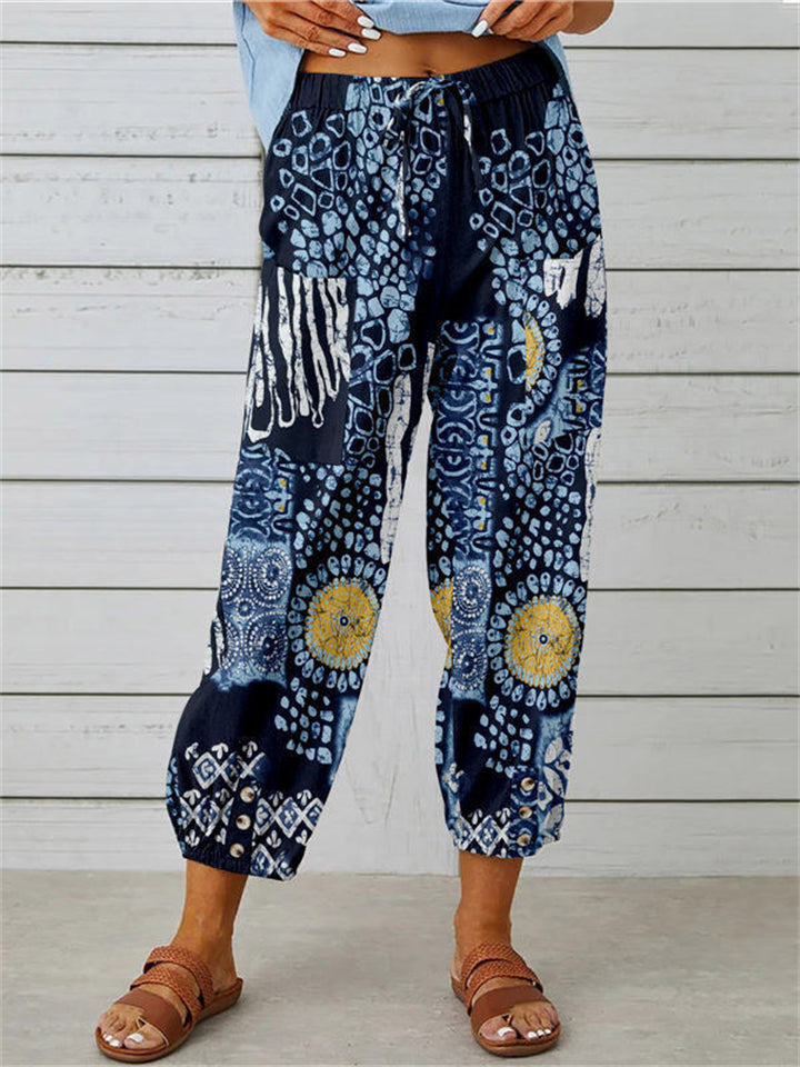 Women's Drawstring Elastic Waist Vintage Printed Pants - Image 5