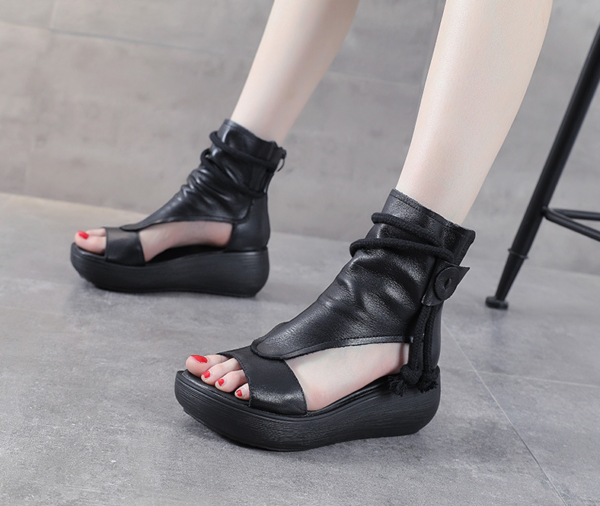 Women Summer Sandals Mid Heels Wedges Shoes Ladies Leather Plus - Image 14