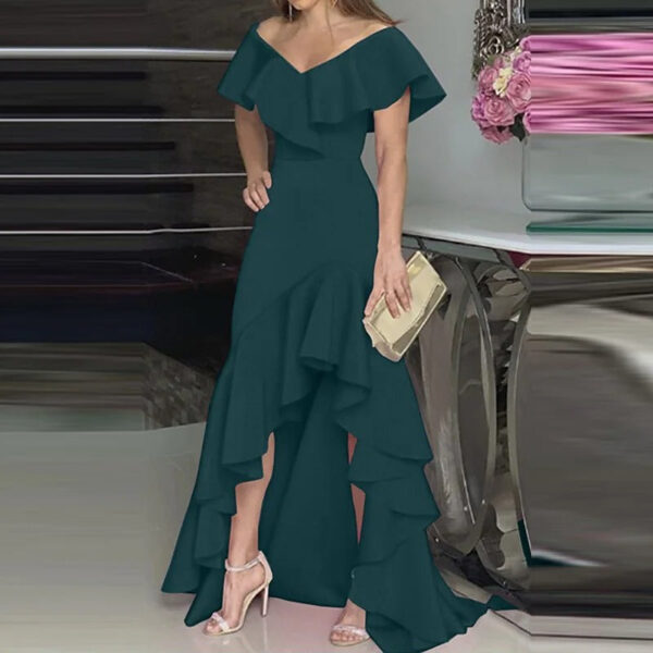 Women's A Line Dress Maxi long Dress Short Sleeve Solid Color Ruffle Plus High Low Fall Spring V Neck - Image 3