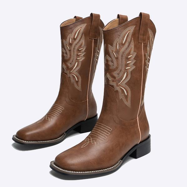 Women'S Square Toe Chunky Heel Embroidered Thread Mid-Calf Boots