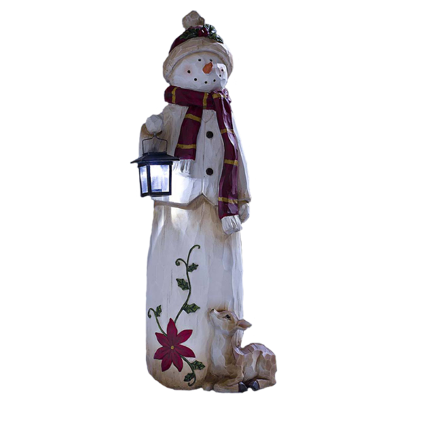 Resin Woodland Snowman Decoration with Lantern Lighting for Christmas Indoor/Outdoor Decor