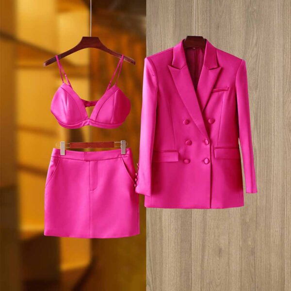 Women Loose fit Rose Blazer + Bra + Mini Skirt 3 Pieces Suit