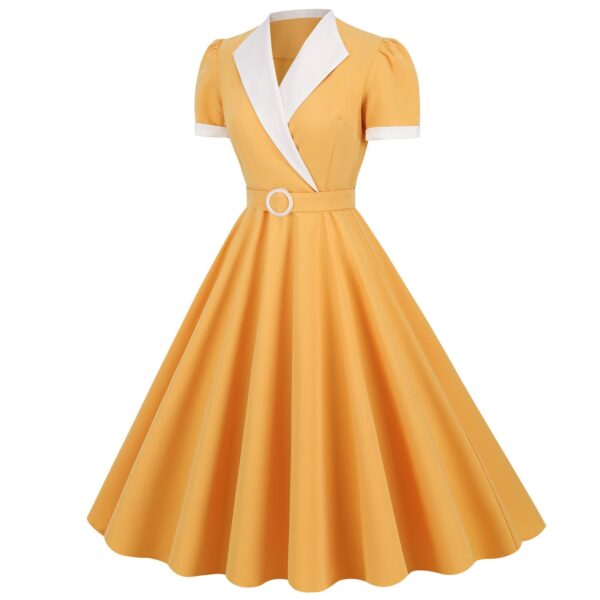 Women's Vintage 1950s Retro Party Swing Short Sleeve V-Neck A-line Gown with Belt - Image 37