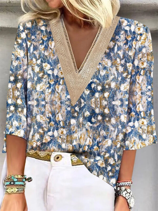 Summer Lace V Neck Print 3/4 Sleeve Blouses for Women