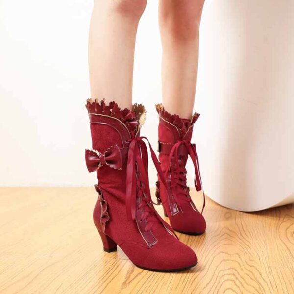 Women Sweet Bow Boots Mid Heels Lace Up Victorian boots Mid Calf Kawaii Boot - Image 21