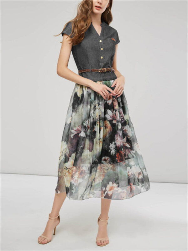 Women's Elegant Ink Flower Denim Chiffon Splicing Dress with Belt - Image 2