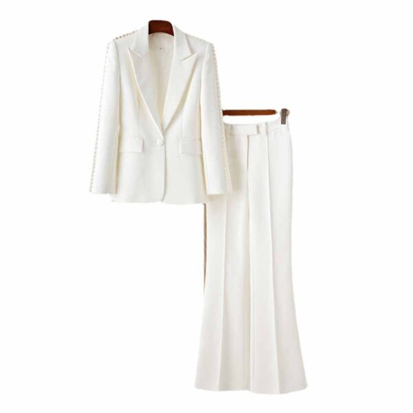 Women White fitted Blazer + Mid-High Rise Flare Trousers Suit Pantsuit - Image 11