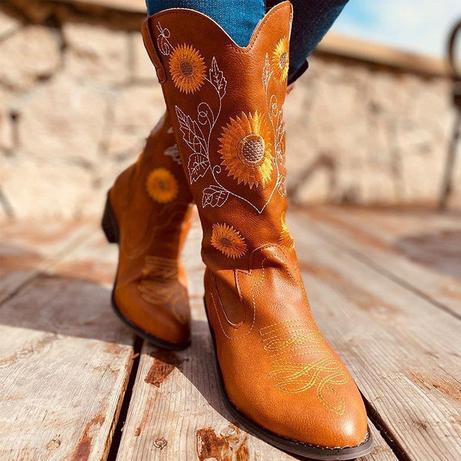 Women Ethnic Floral Embroidered Cowboy Western Boots - Image 12