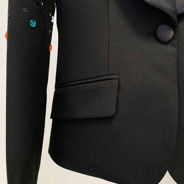 Women Luxury Colorful Stones Embroidery Blazer + Mid-High Rise Flare Trousers Pantsuit Suit Black - Image 11