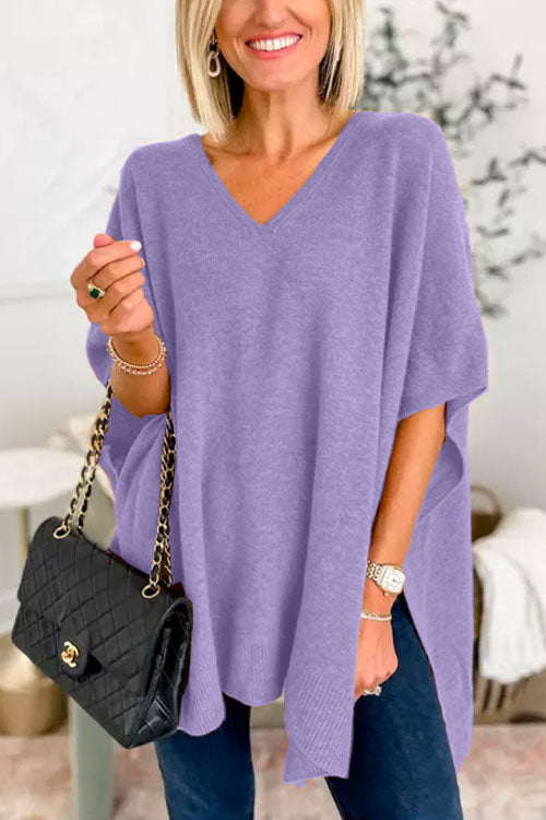 Chicest V Neck Loose Fit Solid Poncho Sweater – Reinsho